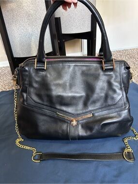 Botkier Black Leather Top Handle Satchel Handbag with Gold Chain Strap
